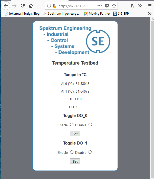 Simatic S7 web application showing two temperatures and toggles DO0 and DO1